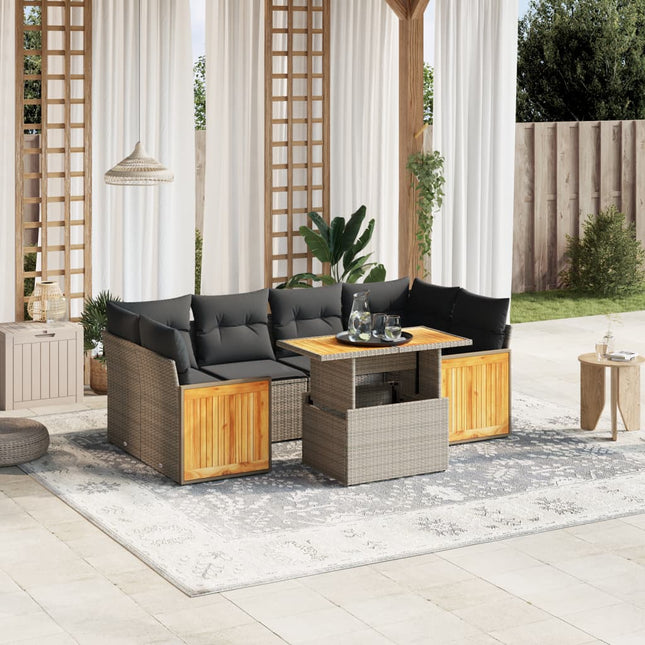 7-delige Loungeset met kussens poly rattan grijs