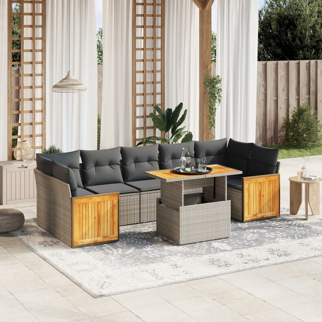 8-delige Loungeset met kussens poly rattan grijs