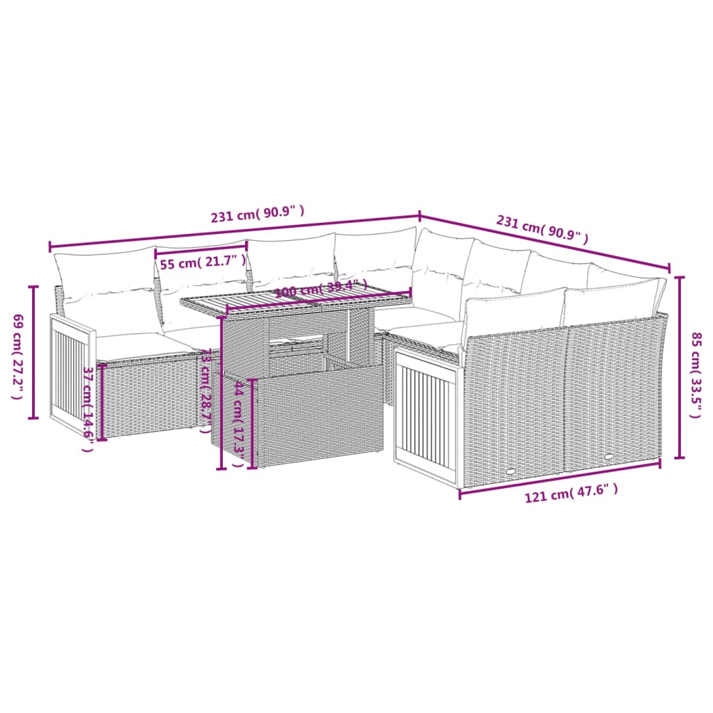 9-Delige Loungeset Met Kussens Poly Rattan Zwart