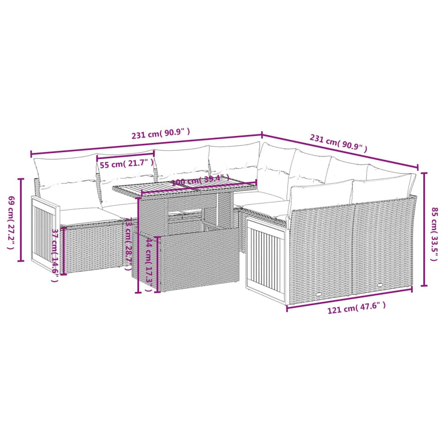 9-Delige Loungeset Met Kussens Poly Rattan Zwart