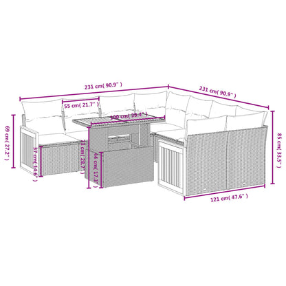 9-delige Loungeset met kussens poly rattan beige