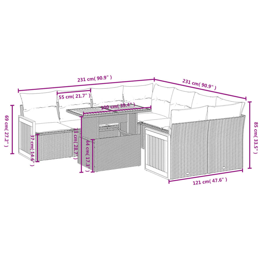 9-delige Loungeset met kussens poly rattan beige