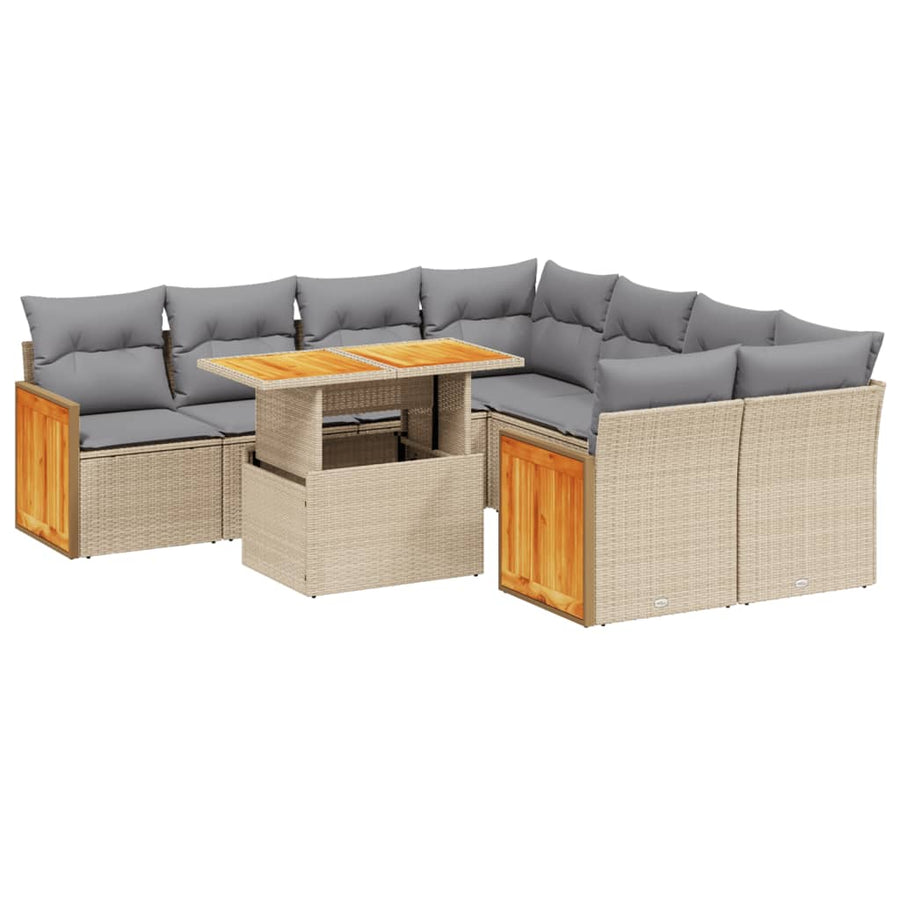 9-delige Loungeset met kussens poly rattan beige