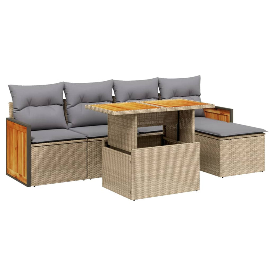 6-delige Loungeset met kussens poly rattan beige
