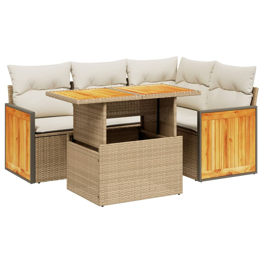 5-delige Loungeset met kussens poly rattan beige