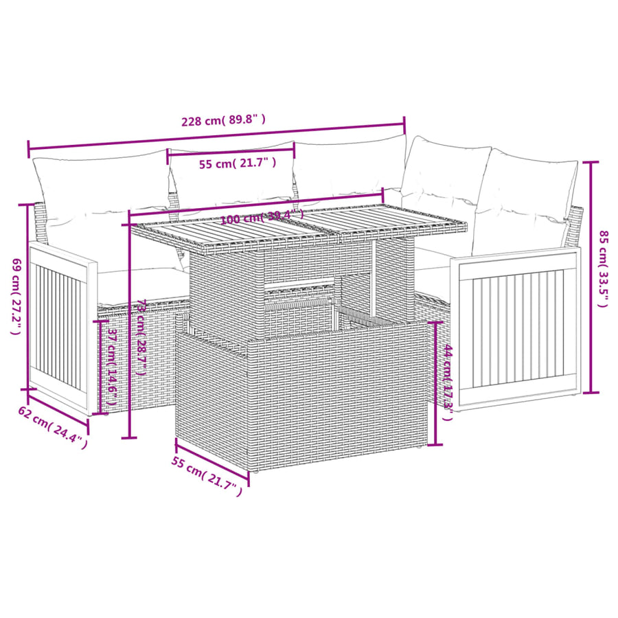 5-delige Loungeset met kussens poly rattan beige