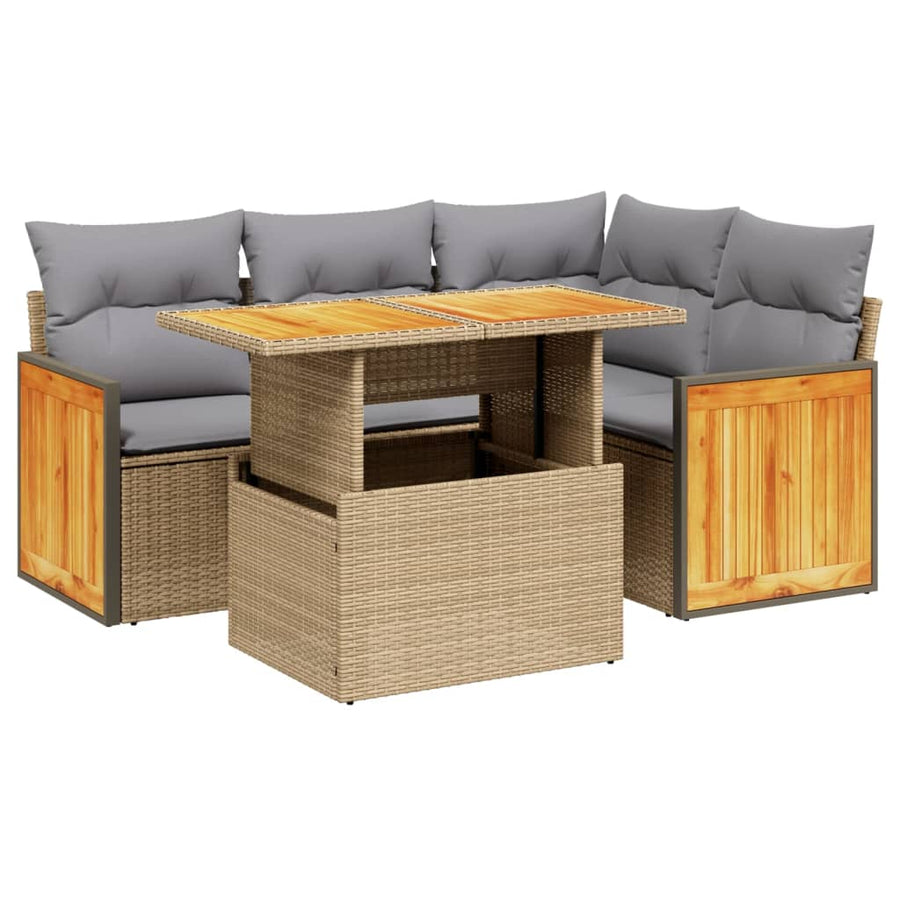 5-delige Loungeset met kussens poly rattan beige