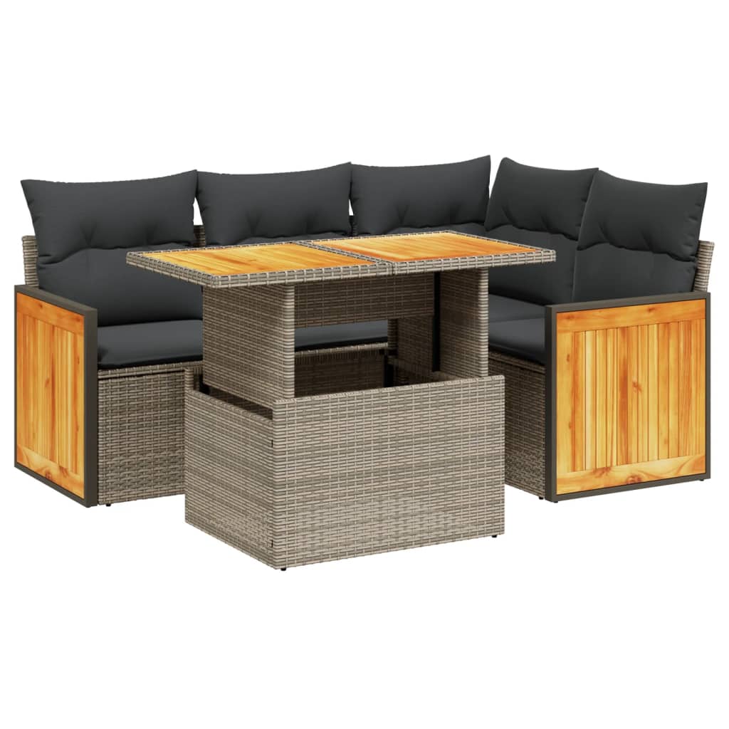 5-delige Loungeset met kussens poly rattan grijs