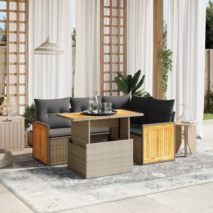 5-delige Loungeset met kussens poly rattan grijs