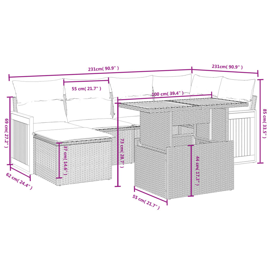 6-delige Loungeset met kussens poly rattan beige