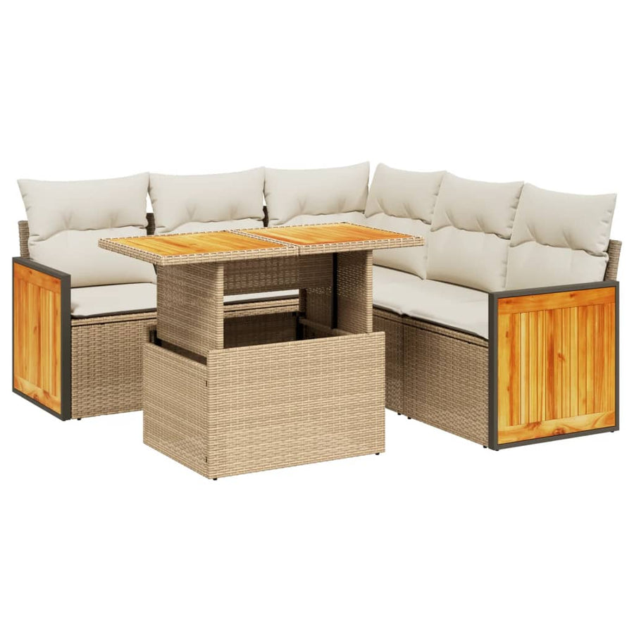 6-delige Loungeset met kussens poly rattan beige