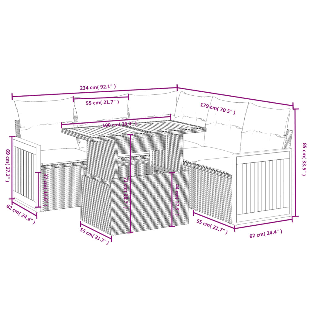 6-delige Loungeset met kussens poly rattan beige