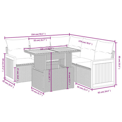 6-delige Loungeset met kussens poly rattan beige