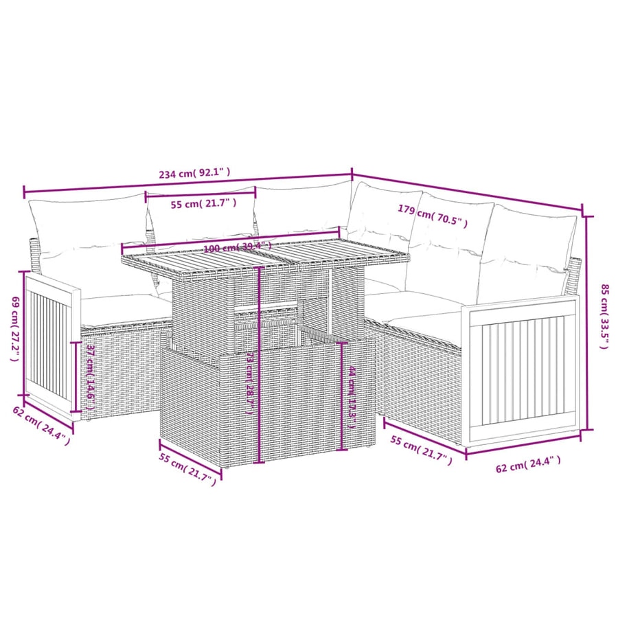 6-delige Loungeset met kussens poly rattan beige