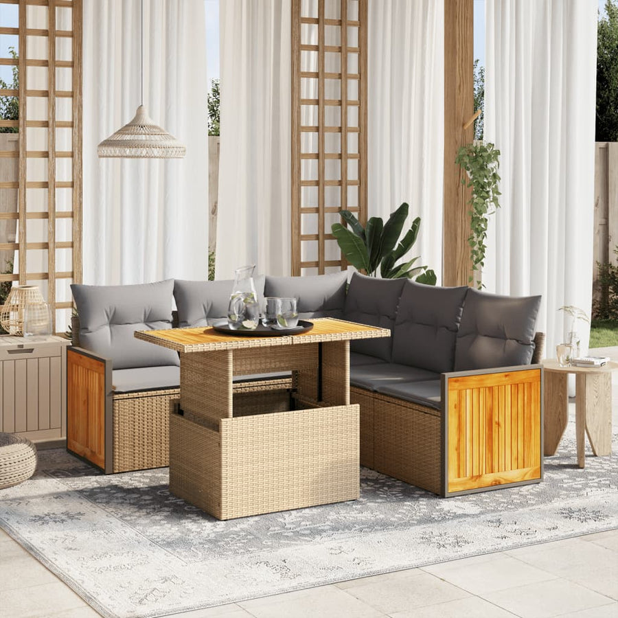 6-delige Loungeset met kussens poly rattan beige