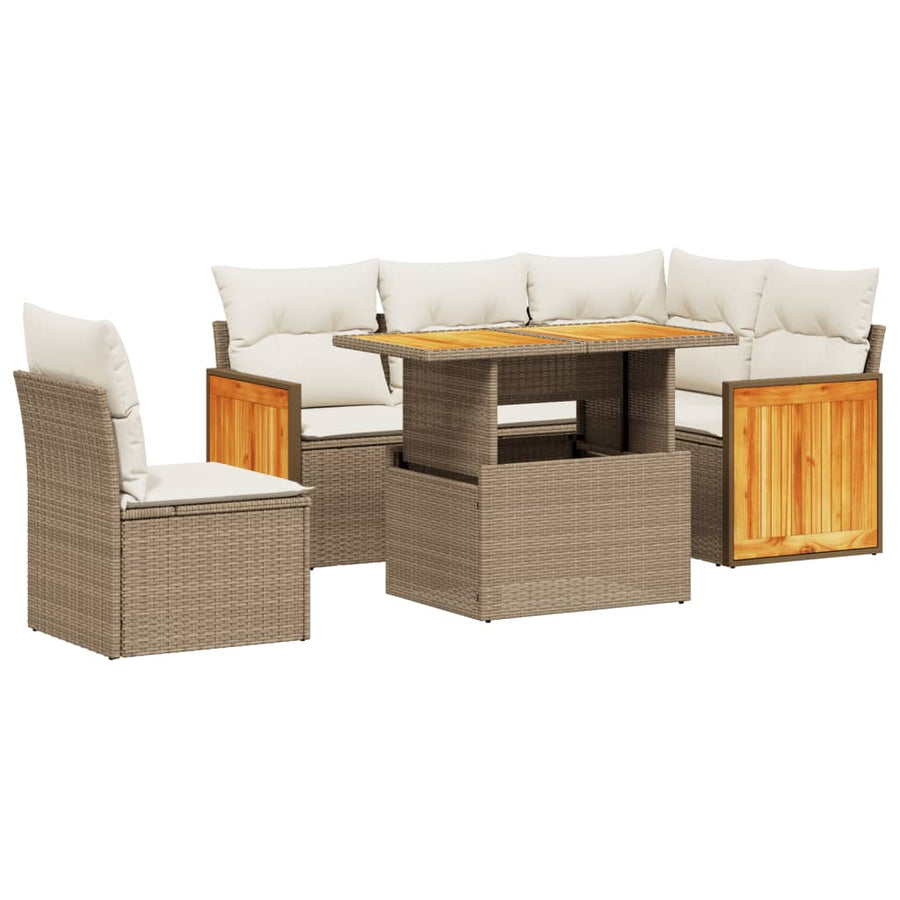 6-delige Loungeset met kussens poly rattan beige