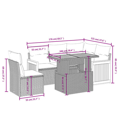 6-delige Loungeset met kussens poly rattan beige