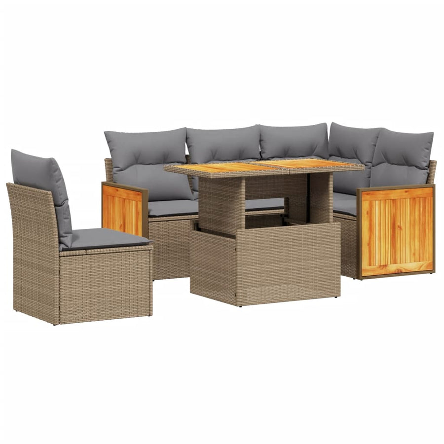 6-delige Loungeset met kussens poly rattan beige