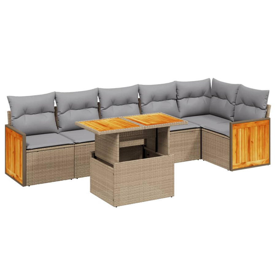 7-delige Loungeset met kussens poly rattan beige