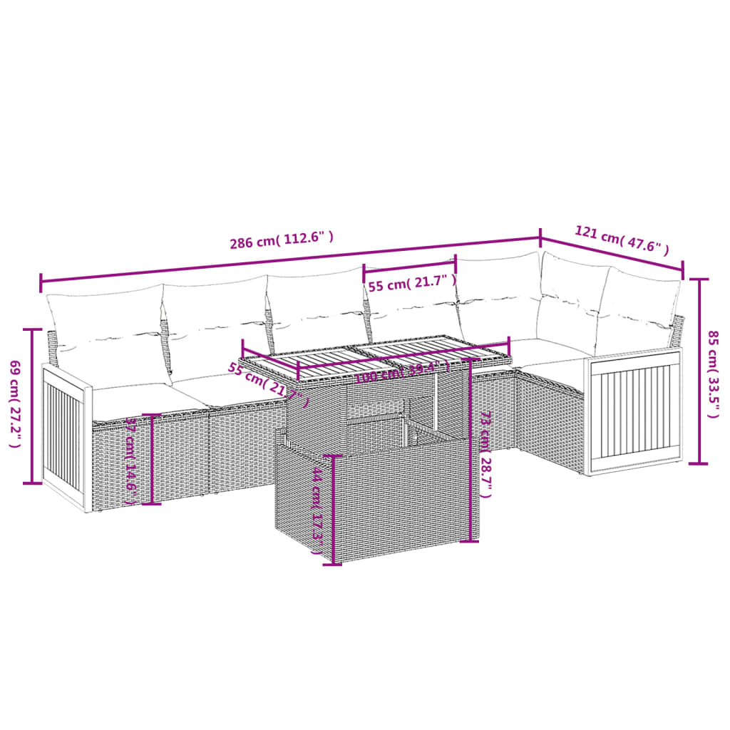 7-delige Loungeset met kussens poly rattan grijs