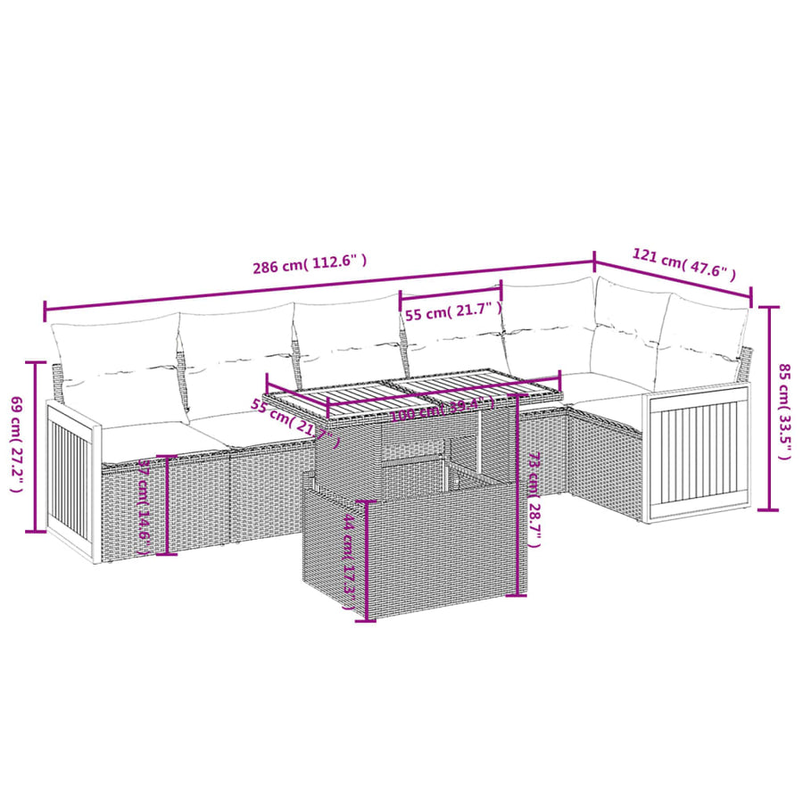 7-delige Loungeset met kussens poly rattan grijs