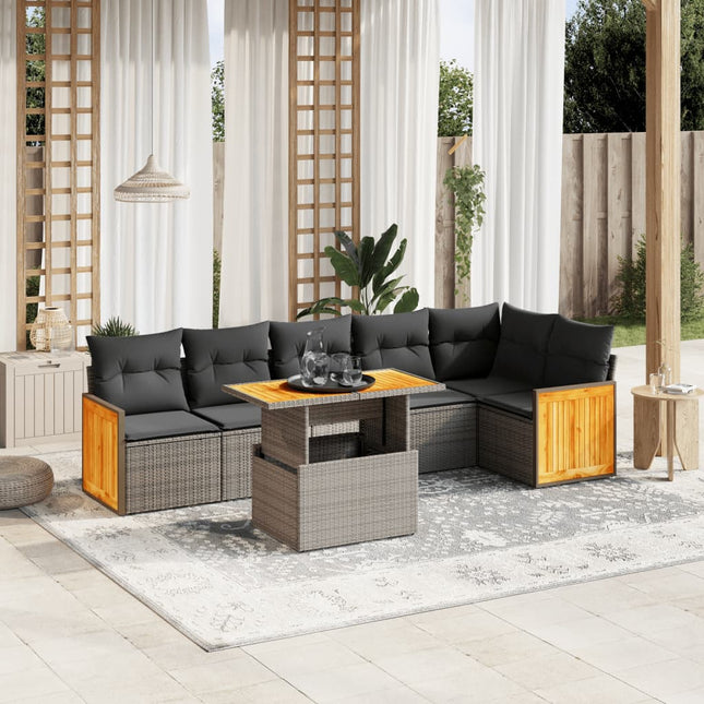 7-delige Loungeset met kussens poly rattan grijs