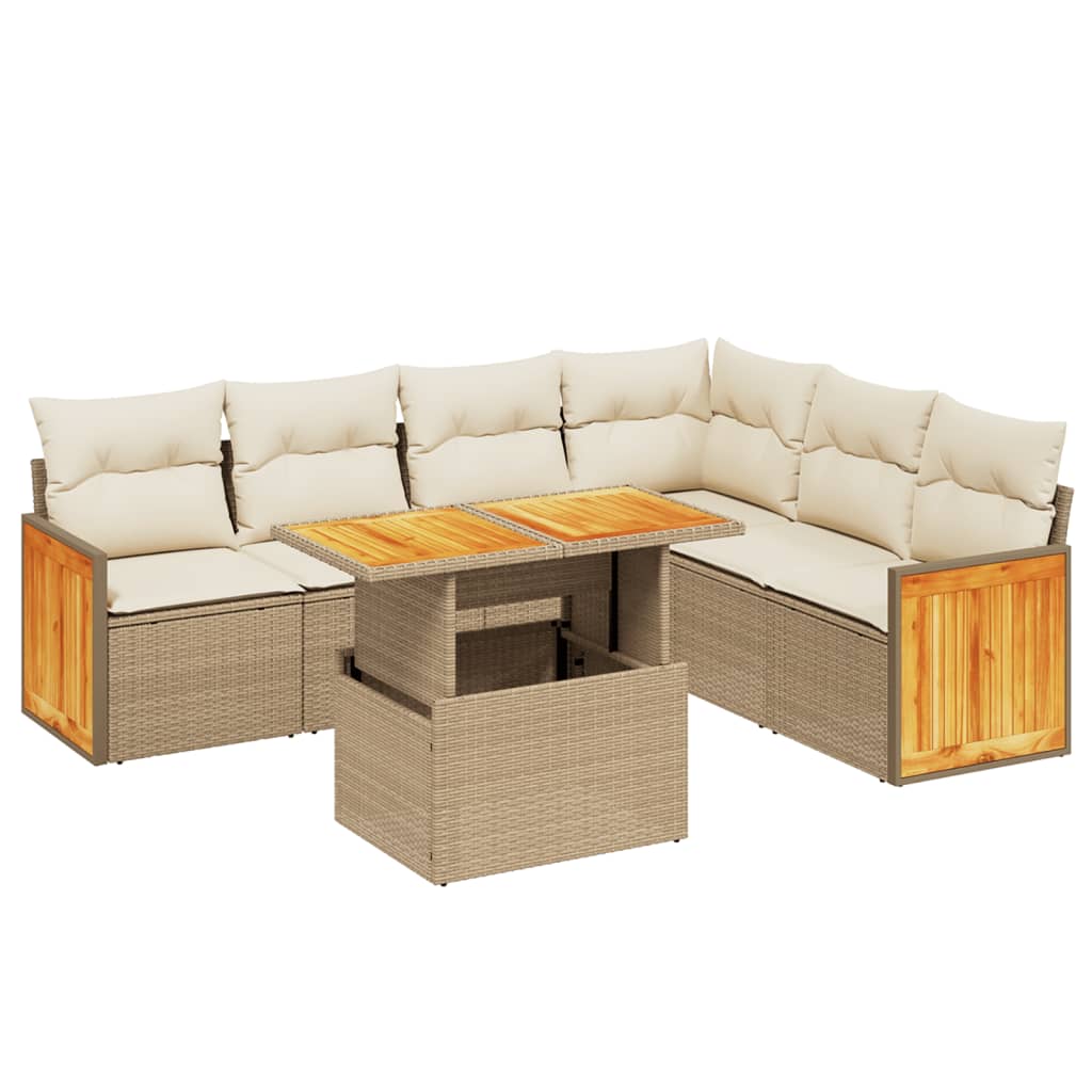 7-delige Loungeset met kussens poly rattan beige