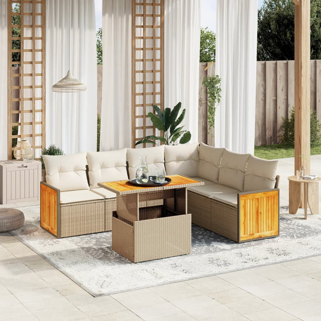 7-delige Loungeset met kussens poly rattan beige