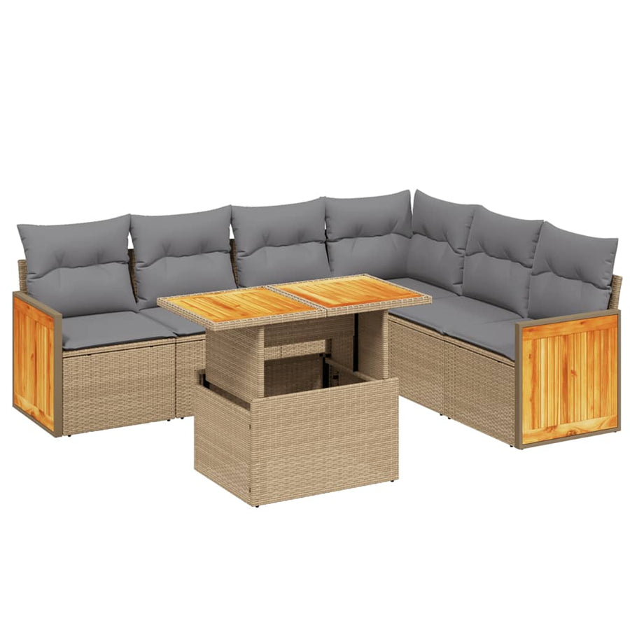 7-delige Loungeset met kussens poly rattan beige