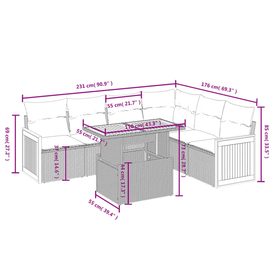 7-delige Loungeset met kussens poly rattan grijs