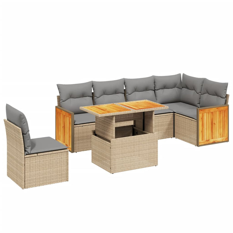 7-delige Loungeset met kussens poly rattan beige