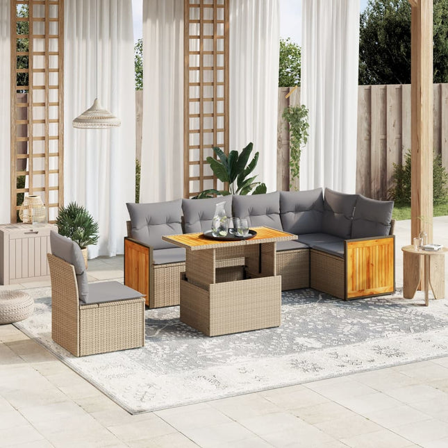 7-delige Loungeset met kussens poly rattan beige