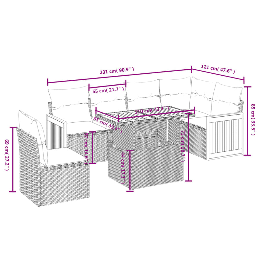 7-delige Loungeset met kussens poly rattan grijs
