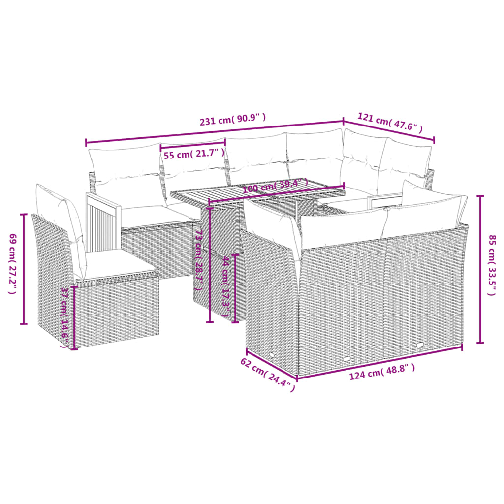 9-Delige Loungeset Met Kussens Poly Rattan Zwart