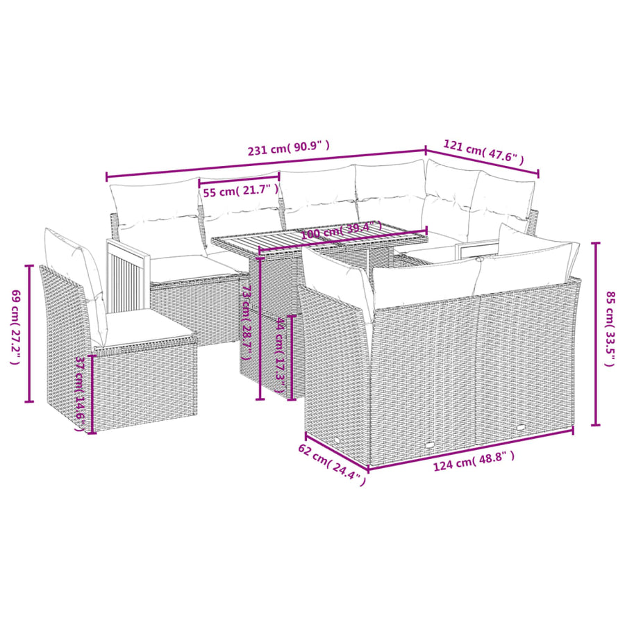 9-Delige Loungeset Met Kussens Poly Rattan Zwart