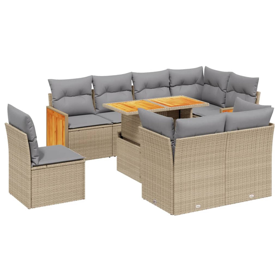 9-delige Loungeset met kussens poly rattan beige