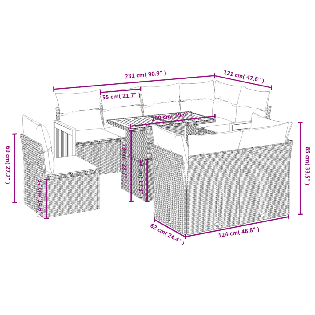 9-delige Loungeset met kussens poly rattan beige