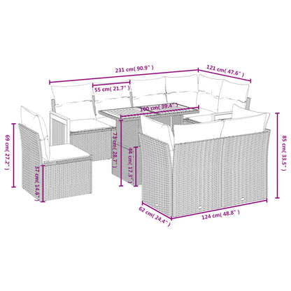 9-delige Loungeset met kussens poly rattan beige