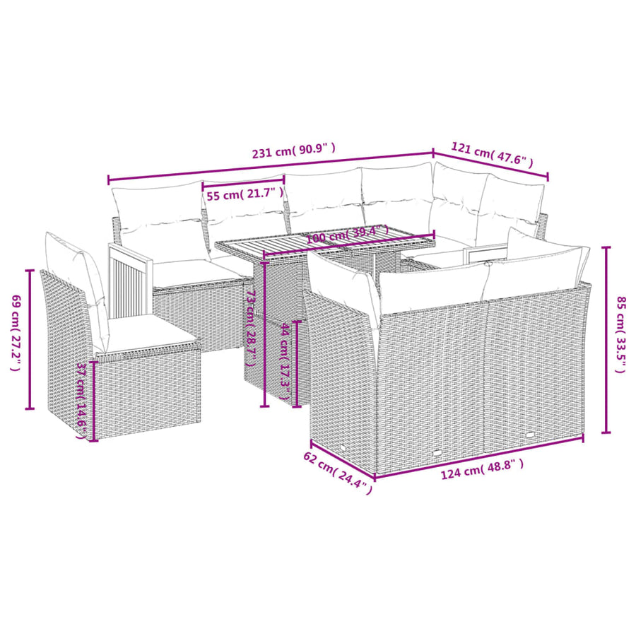 9-delige Loungeset met kussens poly rattan beige