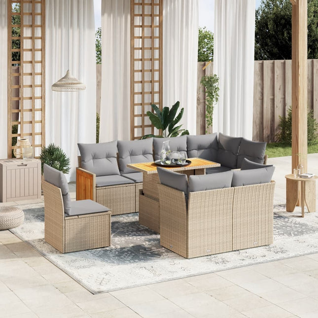 9-delige Loungeset met kussens poly rattan beige