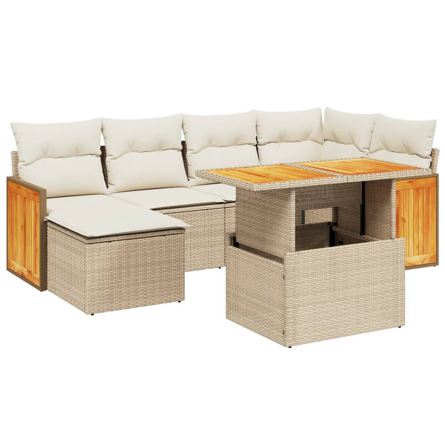 7-delige Loungeset met kussens poly rattan beige