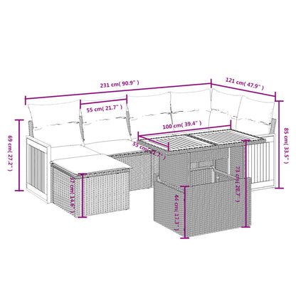 7-delige Loungeset met kussens poly rattan beige