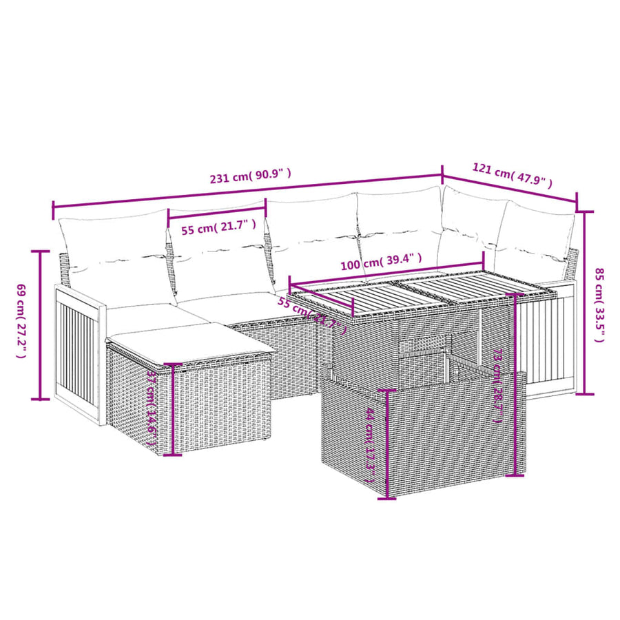 7-delige Loungeset met kussens poly rattan beige