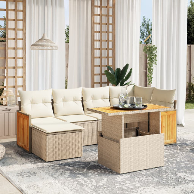 7-delige Loungeset met kussens poly rattan beige