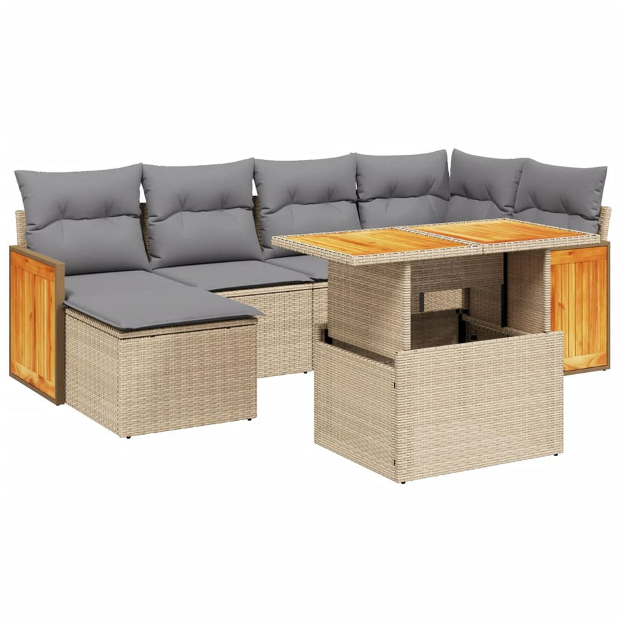 7-delige Loungeset met kussens poly rattan beige