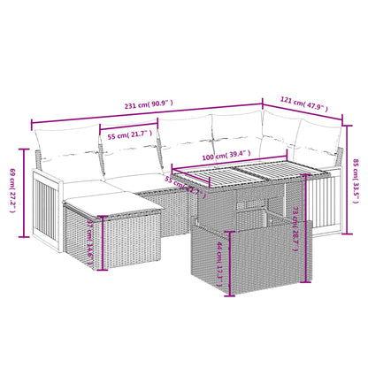 7-delige Loungeset met kussens poly rattan beige