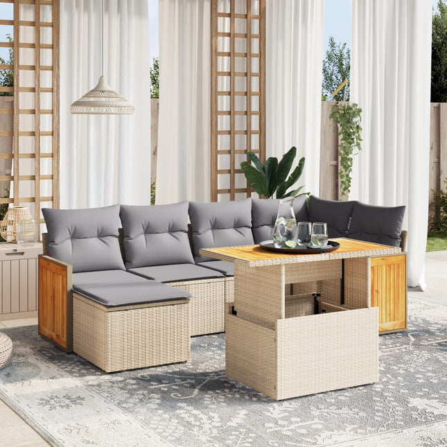 7-delige Loungeset met kussens poly rattan beige