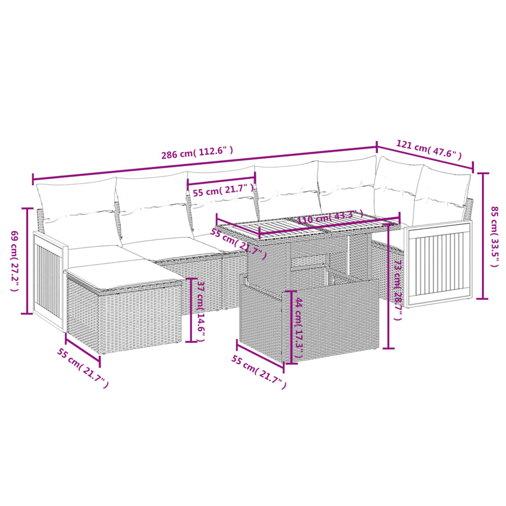 8-delige Loungeset met kussens poly rattan beige