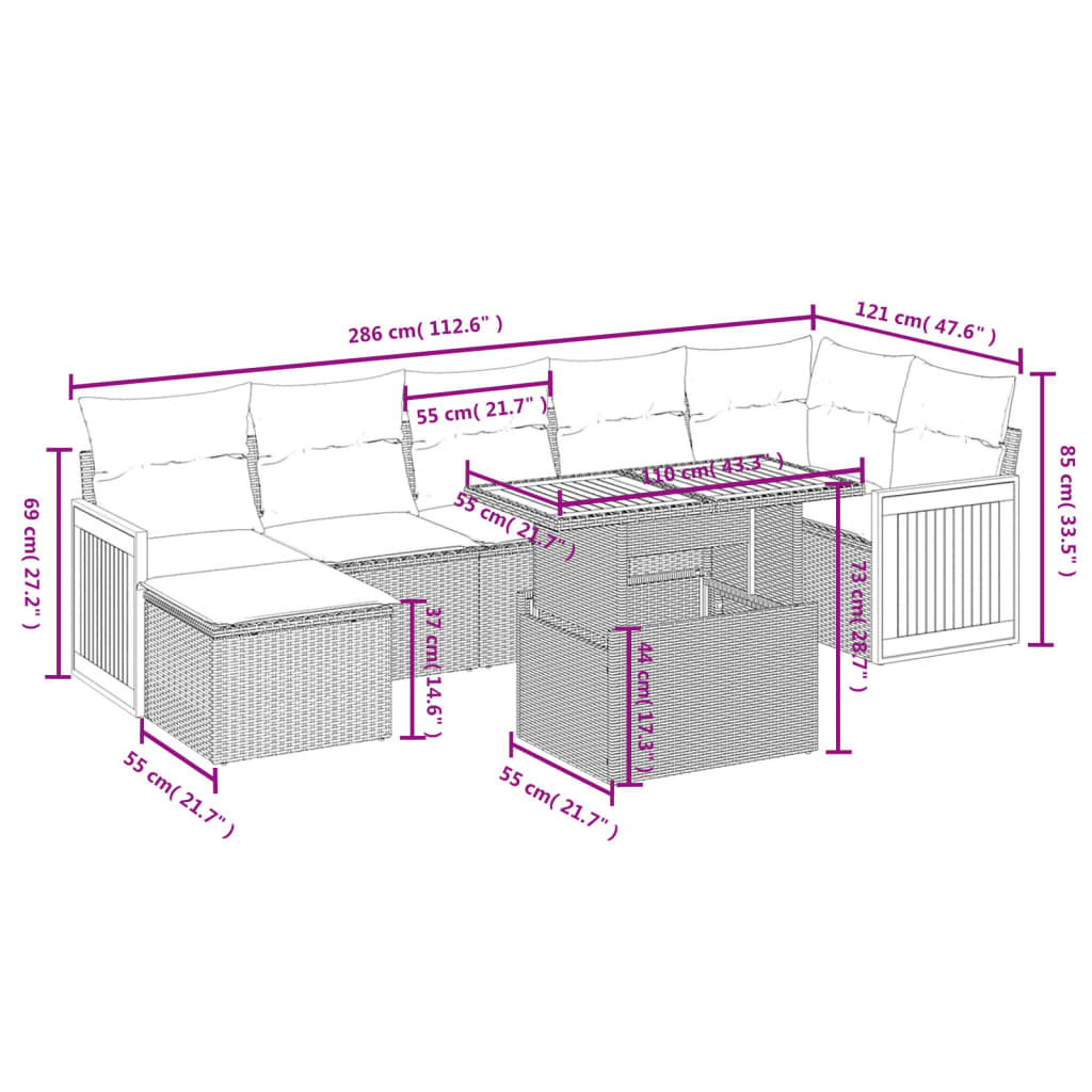 8-delige Loungeset met kussens poly rattan grijs