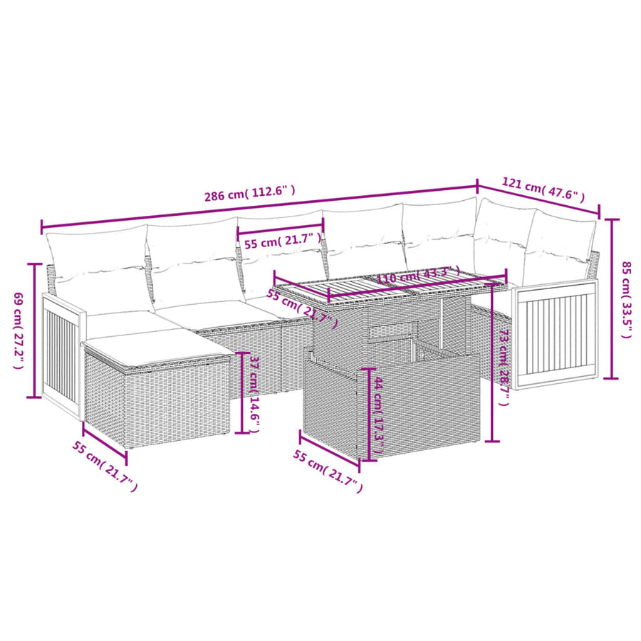 8-delige Loungeset met kussens poly rattan grijs